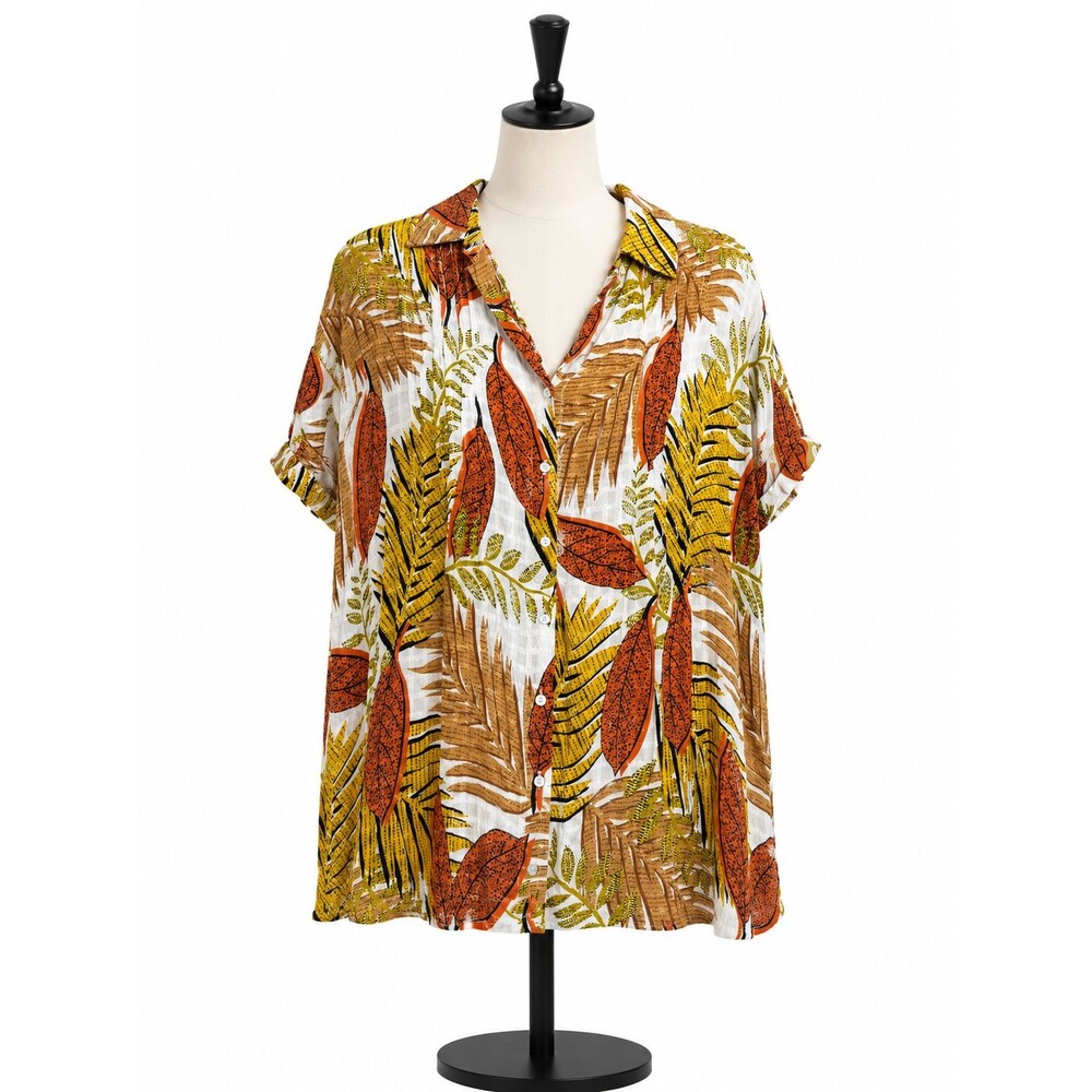 Jane Delancey Womens Blouse Size Large Floral Fall Print Short Sleeve Top Button